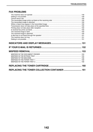 Page 142142
TROUBLESHOOTING
FAX PROBLEMS
The machine does not operate. ............................................................................................................... 149
Dialing is not possible. ............................................................................................................................. 149
Cannot send a fax. ................................................................................................................................... 150
The transmitted...