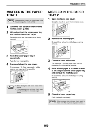 Page 159159
TROUBLESHOOTING
MISFEED IN THE PAPER 
TRAY 1
1Open the side cover and remove the 
misfed paper. (p.156)
2Lift and pull out the upper paper tray 
and remove the misfed paper.
Be careful not to tear the misfed paper during 
removal.
3Push the upper paper tray in 
completely.
Push the tray in completely.
4Open and close the side cover.
The message  Clear paper path. will be 
cleared and copying will be possible.
MISFEED IN THE PAPER 
TRAY 2
1Open the lower side cover.
Grasp the handle to open the lower...