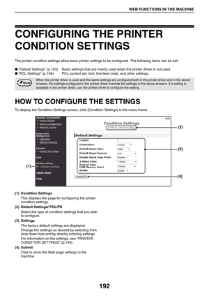 Page 192192
WEB FUNCTIONS IN THE MACHINE
CONFIGURING THE PRINTER 
CONDITION SETTINGS
The printer condition settings allow basic printer settings to be configured. The following items can be set:
●Default Settings (p.193): Basic settings that are mainly used when the printer driver is not used.
●PCL Settings (p.194): PCL symbol set, font, line feed code, and other settings.
HOW TO CONFIGURE THE SETTINGS
To display the Condition Settings screen, click [Condition Settings] in the menu frame.
(1) Condition Settings...