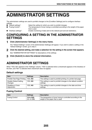 Page 205205
WEB FUNCTIONS IN THE MACHINE
ADMINISTRATOR SETTINGS
The administrator settings are used to prohibit changes to the [Condition Settings] and to configure interface 
settings.
●Default settings
:  Select the setting for which you wish to prohibit changes.
●Fusing Control : The temperature of toner fusing is controlled according to the weight of the paper 
that is used.
●Interface settings
:  Enable monitoring of data sent to the network port and set restrictions.
CONFIGURING A SETTING IN THE...