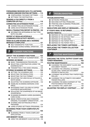 Page 55
FORWARDING RECEIVED DATA TO A NETWORK 
ADDRESS (INBOUND ROUTING SETTINGS)
..... 113
●CONFIGURING THE BASIC SETTINGS .....113
●SETTINGS THE DESTINATION...................115
SENDING A FAX DIRECTLY FROM A 
COMPUTER (PC-Fax) ....................................... 116
CONNECTING AN EXTENSION PHONE............. 117
●CONNECTING AN EXTENSION PHONE ....117
●USING AN EXTENSION PHONE .................118
WHEN A TRANSACTION REPORT IS PRINTED .. 120
●INFORMATION APPEARING IN THE TYPE/
NOTE COLUMN...