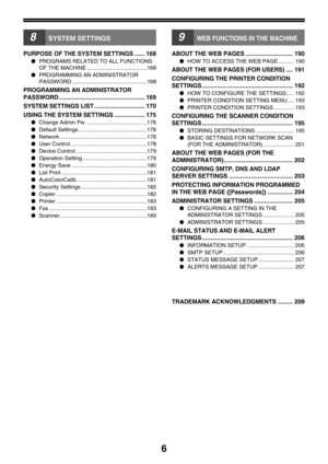 Page 66
8SYSTEM SETTINGS
PURPOSE OF THE SYSTEM SETTINGS...... 168
●PROGRAMS RELATED TO ALL FUNCTIONS 
OF THE MACHINE .......................................168
●PROGRAMMING AN ADMINISTRATOR 
PASSWORD .................................................168
PROGRAMMING AN ADMINISTRATOR 
PASSWORD
................................................... 169
SYSTEM SETTINGS LIST.............................. 170
USING THE SYSTEM SETTINGS.................. 175
●Change Admin Pw ........................................176...