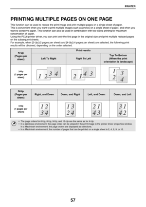 Page 5757
PRINTER
PRINTING MULTIPLE PAGES ON ONE PAGE
This function can be used to reduce the print image and print multiple pages on a single sheet of paper.
This is convenient when you want to print multiple images such as photos on a single sheet of paper, and when you 
want to conserve paper. This function can also be used in combination with two-sided printing for maximum 
conservation of paper.
Using the PCL6 printer driver, you can print only the first page in the original size and print multiple reduced...