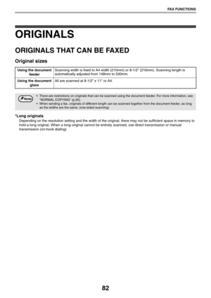 Page 8282
FAX FUNCTIONS
ORIGINALS
ORIGINALS THAT CAN BE FAXED
Original sizes
*Long originals
Depending on the resolution setting and the width of the original, there may not be sufficient space in memory to 
hold a long original. When a long original cannot be entirely scanned, use direct transmission or manual 
transmission (on-hook dialing). Using the document 
feederScanning width is fixed to A4 width (210mm) or 8-1/2 (216mm). Scanning length is 
automatically adjusted from 148mm to 500mm.
Using the document...