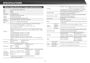 Page 1717
Basic 
Name MX-4140N/MX4141N/MX-5140N/MX-5141N 
Type Desktop
Colour Full colour
Copier system Laser electrostatic copier Scanning  resolutionScan (B/W): 600 × 600 dpi, 600 × 400 dpiScan (full colour): 600 × 600 dpiPrint: 600 × 600 dpi, equivalent to 9,600 dpi × 600 dpi
Gradation Scan: equivalent to 256 levels / Print: equivalent to 256 levels Original paper  sizes Max. A3 (1
1 x 17) for sheets and bound documents
Copy sizes A3 wide (12 × 18) to A5R (5-1/2 × 8-1/2R), Transparency  lm, Heavy paper,...