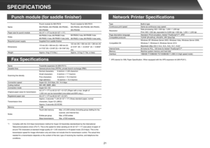 Page 2121
TypeBuilt-in type
Continuous print speed Same as continuous copy speed Resolution Data processing: 600 × 600 dpi, 1,200 × 1,200 dpi Print: 600 × 600 dpi, equivalent to 9,600 dpi × 600 dpi, 1,200 × 1,200 dpi
Page description language Standard: PCL6 emulation, Adobe ®
 PostScript ®
3™, XPS*
Compatible protocols TCP/IP (IPv4/IPv6), IPX/SPX, IPP, EtherTalk Compatible OS Windows XP, Windows Server 2003, Windows Vista, Windows Server 2008, Windows 7, Windows 8, Windows Server 2012Macintosh (Mac OS X 10.4,...