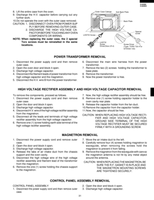Page 3331
R-820BK
R-820BW
POWER TRANSFORMER REMOVAL
6. Disconnect the main wire harness from the power
transformer.
7. Remove the two (2) screws  holding the transformer to
base plate.
8. Remove the transformer.
9. Now the power transformer is free. 1. Disconnect the power supply cord and then remove
outer case.
2. Open the oven door and block it open.
3. Discharge high voltage capacitor.
4. Disconnect the filament leads of power transformer from
high voltage capacitor and the magnetron.
5. Disconnect the H.V....