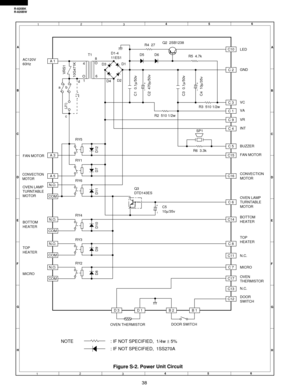 Page 4038
R-820BK
R-820BW
6
45
12
3
6
45
12
3 A
B
C
D
E
F
G
HA
B
C
D
E
F
G
H
Figure S-2. Power Unit Circuit
+
–
+
–+
–
COM
N.O.
COM
N.O.
COM
N.O.
COM
N.O.
A 3
OVEN LAMP
TURNTABLE
MOTOR

BOTTOM
HEATER
TOP
HEATER
MICRO
DOOR SWITCH
OVEN THERMISTOR AC120V
60HzLED
GND
VC
VA
VR
INT
BUZZER
FAN MOTOR
CONVECTION
MOTOR
N.C.
OVEN
THERMISTOR
N.C. MICRO OVEN LAMP
TURNTABLE
MOTOR
BOTTOM
HEATER
TOP
HEATER
DOOR
SWITCH FAN MOTOR
CONVECTION
MOTOR
Q2  2SB1238
R4  27
R5  4.7k
R3  510 1/2w
R2  510 1/2w
RY5
RY6
RY4Q3...