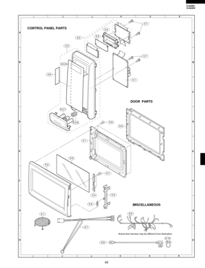 Page 4745
R-820BK
R-820BW
6
45
12
3
6
45
12
3 A
B
C
D
E
F
G
HA
B
C
D
E
F
G
H
CONTROL PANEL PARTS
DOOR  PARTS
5-8
5-3
5-6
5-4
5-5
5-1
5-9
3-6
3-2
5-7 5-2
6-16-8
6-10 6-7
6-9 3-3-1
3-3-3
3-3-2 3-3
3-4
3-5
3-1
3-7
3-7
Actual wire harness may be different from illustration.
MISCELLANEOUS 