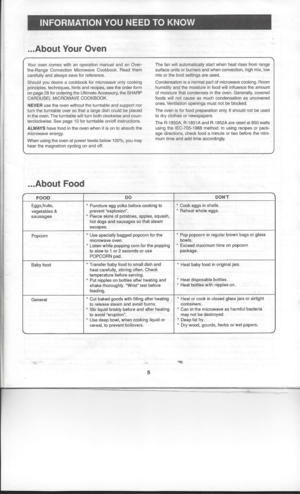 Page 7INFORMATION YOUNEED TOKNOW
... About YourOven 
•

 
..

Your oven comes withanoperation manualandanOver-
the-Range Convection MicrowaveCookbook. Readthem

carefully andalways saveforreference.
Should youdesire acookbook formicrowave onlycooking
principles, techniques, hintsandrecipes, seetheorder form

on page 28for ordering theUltimate Accessory, theSHARP
CAROUSEL MICROWAVE COOKBOOK.
NEVER usetheoven without theturntable andsupport nor
turn theturntable oversothat alarge dishcould beplaced

in the...