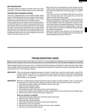 Page 15R-820JS
13
TROUBLESHOOTING GUIDE
Never touch any part in the circuit with your hand or an uninsulated tool while the power supply is connected.
When troubleshooting the microwave oven, it is helpful to follow the Sequence of Operation in performing the checks. Many
of the possible causes of trouble will require that a specific test be performed. These tests are given a procedure letter which
will be found in the Test Procedure section.
IMPORTANT:If the oven becomes inoperative because of a blown  monitor...