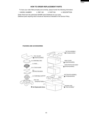 Page 45R-820JS
43
HOW TO ORDER REPLACEMENT PARTS
To have your order filled promptly and correctly, please furnish the fol\
lowing information.
1. MODEL NUMBER 2. REF. NO. 3. PART NO. 4. DESCRIPTION
Order Parts from the authorized SHARP parts Distributor for your area.
Defective parts requiring return should be returned as indicated in the \
Service Policy.
PACKING AND ACCESSORIES
TRAY HOLDER
 (SPADFA424WRE0)
6-4 TURNTABLE TRAY
6-1 RACK
6-14  TOUCH GUIDE
6-6 
INSTRUCTION BOOK
6-3 TURNTABLE SUPPORT
TRAY PAD...