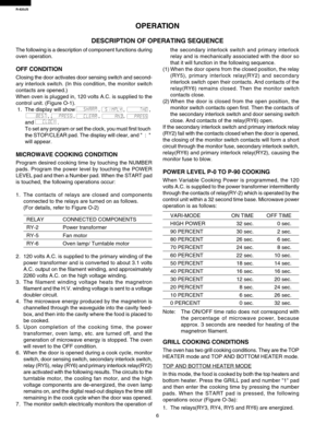 Page 8R-820JS
6
OPERATION
DESCRIPTION OF OPERATING SEQUENCE
The following is a description of component functions during
oven operation.
OFF CONDITION
Closing the door activates door sensing switch and second-
ary interlock switch. (In this condition, the monitor switch
contacts are opened.)
When oven is plugged in, 120 volts A.C. is supplied to the
control unit. (Figure O-1).
1. The display will show , , ,
, , , , ,
and .
To set any program or set the clock, you must first touch
the STOP/CLEAR pad. The...