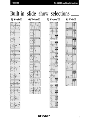 Page 11EL-9400 Graphing Calculator
9
5) Y=sinX 6) Y=tanX 7) Y=cos-1X 8) Y=l nX
Features
Built-in slide show selections 