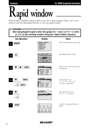 Page 14EL-9400 Graphing Calculator
NotesKey OperationDisplay
Example
12
Rapid window
Rapid window simplifies setting window size with a range of preset values. Use in con-
junction with the rapid graph function or with any graph created.
After using Rapid Graph to draw the graph of y = 2sin (-2x+   ) + 2 (refer
p. 11), set the viewing window using the rapid window function.
1
2
3
4
5
7
Select the No. 3 style and view the
X-range menu. Enter Rapid Window mode.
Select the Y-range and draw the
graph. Move the...