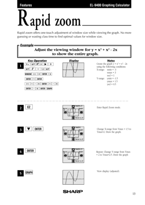 Page 15EL-9400 Graphing Calculator
NotesKey OperationDisplay
Example
13
Rapid zoom
Rapid zoom offers one-touch adjustment of window size while viewing the graph. No more
guessing or wasting class time to find optimal values for window size.
 Adjust the viewing window for y = x3 + x2 - 2x
to show the entire graph.
1
2
3
4
Create the graph y = x3 + x2 - 2x
using the following conditions:
X-range: xmin = -3
xmax = 3
xscl = 1
Y-range: ymin = -1.5
ymax = 1.5
yscl = 0.5
View display (adjusted). Enter Rapid Zoom...