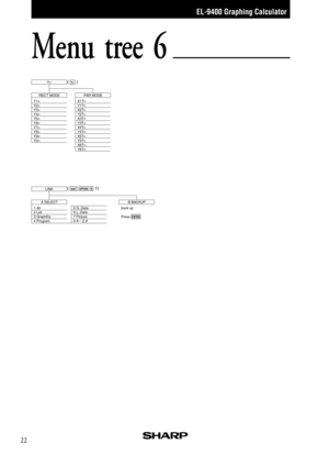 Page 24EL-9400 Graphing Calculator
22
Menu tree 6
Y=(      )
RECT MODE
Y1=
Y2=
Y3=
Y4=
Y5=
Y6=
Y7=
Y8=
Y9=
Y0=PAR MODE
X1T=
Y1T=
X2T=
Y2T=
X3T=
Y3T=
X4T=
Y4T=
X5T=
Y5T=
X6T=
Y6T=
Y=
(                     1)2nd FD OPTIONLINK
ENTER
B BACKUP
back up
PressA SELECT
1 All
2 List
3 GraphEq
4 Program
5 G_
Data
6 L_
Data
7 Picture
8 A    Z, 