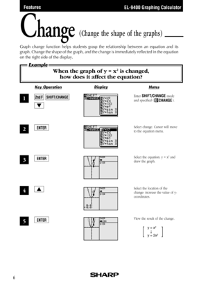 Page 8EL-9400 Graphing Calculator
NotesKey OperationDisplay
Example
6
When the graph of y = x2 is changed,
how does it affect the equation?
Change
Graph change function helps students grasp the relationship between an equation and its
graph. Change the shape of the graph, and the change is immediately reflected in the equation
on the right side of the display.
Enter SHIFT/CHANGE mode
and specified (
CHANGE).1
3
4
5
2Select change. Cursor will move
to the equation menu.
Select the equation: y = x
2 and
draw the...