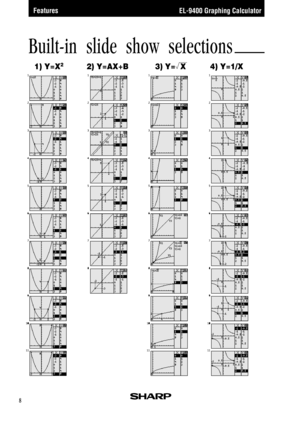 Page 10EL-9400 Graphing Calculator
8
Built-in slide show selections
1) Y=X22) Y=AX+B
4) Y=1/X
Features
3) Y=  X 