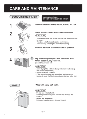 Page 16E-14
CARE AND MAINTENANCECARE AND MAINTENANCE
4
 Dry ﬁ lter completely in a well ventilated area. 
  When possible, dry outdoors. 
 
(about 6 hours to dry out) 
• Avoid drying ﬁlter outdoors during inclement weather (e.g. 
rain or cold temperatures).
•  Do not allow ﬁlter to freeze.
• 
If ﬁlter is dried indoors, take precautions, such as placing 
towels, etc under the ﬁlter to prevent water damage to the ﬂoor.
1
 Remove the dust on the DEODORIZING FILTER.
2
 Rinse the DEODORIZING FILTER with water.
•...
