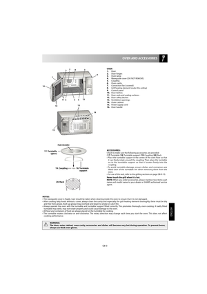 Page 3ENGLISH
GB-3
 OVEN AND ACCESSORIES
OVEN 
1.   Door
2.   Door hinges 
3.   Oven lamp
4.    Waveguide cover (DO NOT REMOVE)
5.    Coupling 
6.   Oven cavity 
7.   Convection fan (covered)
8.    Grill heating element (under the ceiling)
9.    Control panel 
10.   Door latches 
11.   Door seals and sealing surfaces
12.   Door safety latches 
13.   Ventilation openings
14.   Outer cabinet
15.   Power supply cord
16.   Door handle
ACCESSORIES: 
Check to make sure the following accessories are provided: ( 17 )...