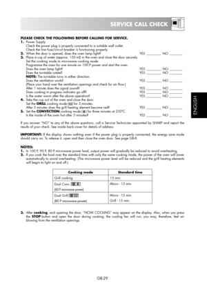 Page 29GB-29
ESPAÑOL
ENGLISH
SERVICE CALL CHECK
PLEASE CHECK THE FOLLOWING BEFORE CALLING FOR SERVICE.
1. Power Supply
  Check the power plug is properly connected to a suitable wall outlet.
  Check the line fuse/circuit breaker is functioning properly.
2.  When the door is opened, does the oven lamp light?  YES  _________ NO  ________
3.  Place a cup of water (approx. 150 ml) in the oven and close the door securely.
  Set the cooking mode to microwave cooking mode.
  Programme the oven for one minute on 100 P...