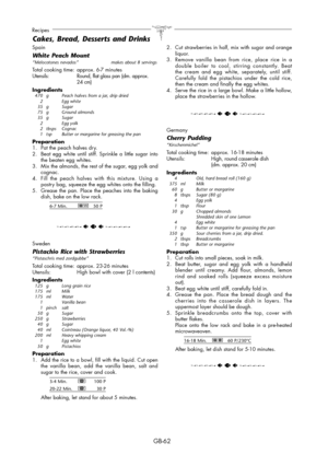 Page 62GB-62
Recipes
Spain
White Peach Mount“Melocotones nevados”   makes about 8 servings
Total cooking time:  approx. 6-7 minutesUtensils:   Round, flat glass pan (dm. approx.
 24 cm)
Ingredients  470  g  Peach halves from a jar, drip dried
  2     Egg white
 35 g  Sugar
  75  g   Ground almonds
 35 g   Sugar
  2     Egg yolk
 2 tbsps  Cognac
  1  tsp   Butter or margarine for greasing the pan
Preparation
1.  Pat the peach halves dry.
2.  Beat egg white until stiff. Sprinkle a little sugar into 
the beaten...