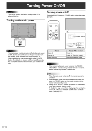 Page 16
16E

Caution

•  Turn on the monitor first before turning on the PC or 
playback device.
Turning on the main power

Main power switch

Caution

•  The main power must be turned on/off with the main power 
switch. Do not connect/disconnect the power cord or turn 
the breaker on/off while the main power switch is on.
•
  When switching the main power switch or the POWER 
button off and back on, always wait for at least 5 seconds.
•
  For a complete electrical disconnection, pull out the main 
plug....