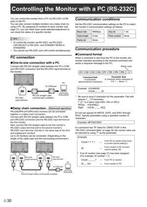 Page 30
30E
Controlling the Monitor with a PC (RS-232C)

You can control this monitor from a PC via RS-232C (COM 
port) on the PC.
You can also connect multiple monitors via a daisy chain by 
using a PC. By assigning ID numbers to each monitor (see 
page 31), you can make input mode selection/adjustment or 
can check the status of a specific monitor.

TIPS

•  To control the monitor via RS-232C, set RS-232C/
LAN SELECT to RS-232C, and STANDBY MODE to 
STANDARD.
•
  You cannot use RS-232C and LAN control...
