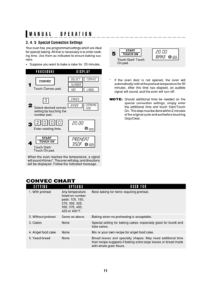 Page 1311
SEC R-820BK/W O/M
TINSEB007WRRZ-D31 SEC R-820BK/W O/M
Most baking for items requiring preheat.
Baking when no preheating is acceptable.
Special setting for baking cakes--especially good for bundt and
tube cakes.
Mix or your own recipe for angel food cake.
Bread loaves and specialty shapes. May need additional time
than recipe suggests if baking extra large loaves or bread made
with whole grain flours. 1. With preheat
2. Without preheat
3. Cakes
4. Angel food cake
5. Yeast breadSelect desired convec...