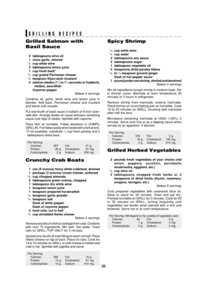 Page 3533
SEC R-820BK/W O/M
TINSEB007WRRZ-D31 SEC R-820BK/W O/M
Grilled Salmon with
Basil Sauce
2 tablespoons olive oil
1 clove garlic, minced
1/4cup white wine
2 tablespoons lemon juice
1 cup fresh basil*
1/4cup grated Parmesan cheese1/2teaspoon Dijon-style mustard
4 salmon steaks (11/4 to 11/2 pounds) or haddock,
halibut, swordfish
Cayenne pepper
Makes 4 servings
Combine oil, garlic, white wine and lemon juice in
blender. Add basil, Parmesan cheese and mustard
and blend until smooth.
Put one-fourth of basil...