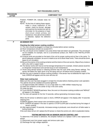 Page 21R-9H56
19 TEST PROCEDURES (CONTD)
PROCEDURE
LETTERCOMPONENT TEST
RY413
(J1)
31
CN-A
M
1
357 9  
DAMP
M
CONV MFAN
POWER P S1 S2
T1
ba
c VRS1
d
Problem: POWER ON, indicator does not
light up.
NOTE: *At the time of making these repairs,
make a visual inspection of the
varistor. check for burned  damage
and examine the transformer with an
ohmmeter for the presence of layer
short-circuit (check primary coil
resistance). If any abnormal condition
is detected, replace the defective
parts.
PAH SENSOR TEST...