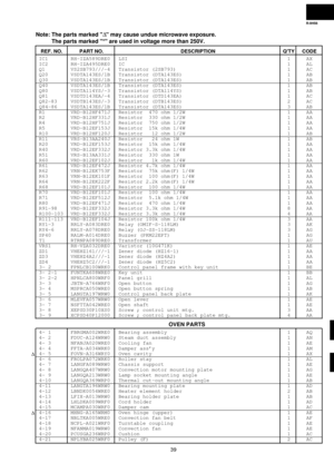 Page 41R-9H56
39
Note: The parts marked D may cause undue microwave exposure.
The parts marked * are used in voltage more than 250V.
REF. NO. PART NO. DESCRIPTION QTY CODE
D
DIC1 RH-IZA589DRE0 LSI  1 AX
IC2 RH-IZA495DRE0 IC  1 AL
Q1 VS2SB793///-4 Transistor (2SB793)  1 AC
Q20 VSDTA143ES/1B Transistor (DTA143ES)  1 AB
Q30 VSDTA143ES/1B Transistor (DTA143ES)  1 AB
Q40 VSDTA143ES/1B Transistor (DTA143ES)  1 AB
Q80 VSDTA114YS/-3 Transistor (DTA114YS)  1 AB
Q81 VSDTD143EA/-4 Transistor (DTD143EA)  1 AC
Q82-83...