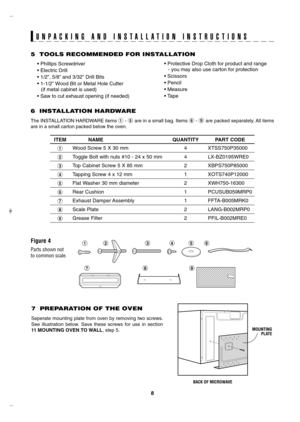 Page 8
8

U N P A C K I N G   A N D   I N S T A L L A T I O N   I N S T R U C T I O N S
5  TOOLS RECOMMENDED FOR INSTALLATION
• Phillips Screwdriver      
• Electric Drill     
• 1/2”, 5/8” and 3/32” Drill Bits
• 1-1/2” Wood Bit or Metal Hole Cutter  
(if metal cabinet is used)
• Saw to cut exhaust opening (if needed)
6  INSTALLATION HARDWARE
The INSTALLATION HARDWARE items 1 - 5 are in a small bag. Items 6 - 9 are packed separately. All items 
are in a small carton packed below the oven.
ITEM          NAME...