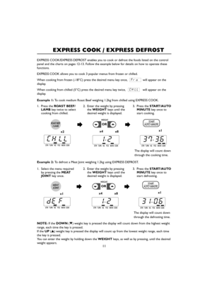 Page 1311
EXPRESS COOK / EXPRESS DEFROST
EXPRESS COOK/EXPRESS DEFROST enables you to cook or defrost the foods listed on the control
panel and the charts on pages 12-13. Follow the example below for details on how to operate these
functions.
EXPRESS COOK allows you to cook 3 popular menus from frozen or chilled.
When cooking from frozen (-18°C) press the desired menu key once,                 will appear on the
display.
When cooking from chilled (5°C) press the desired menu key twice,                   will...