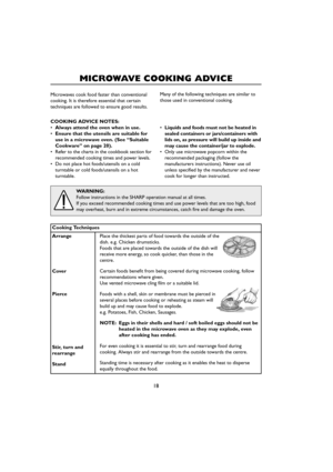 Page 2018
MICROWAVE COOKING ADVICE
Microwaves cook food faster than conventional
cooking. It is therefore essential that certain
techniques are followed to ensure good results.Many of the following techniques are similar to
those used in conventional cooking.
Arrange
Cover
Pierce
Stir, turn and
rearrange
StandCooking Techniques
Place the thickest parts of food towards the outside of the
dish. e.g. Chicken drumsticks.
Foods that are placed towards the outside of the dish will
receive more energy, so cook...