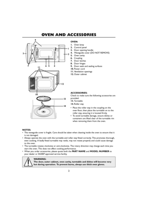 Page 42
OVEN AND ACCESSORIES
13
14
11
10
12
1
6 8
752 3
9
4
OVEN:
1.Oven lamp
2.Control panel
3.Door opening handle
4.Waveguide cover (DO NOT REMOVE)
5.Oven cavity
6.Coupling
7.Door latches
8.Door hinges
9.Door seals and sealing surfaces
10.Power cord
11.Ventilation openings
12.Outer cabinet
ACCESSORIES:
Check to make sure the following accessories are
provided:
13.Turntable
14.Roller stay
•Place the roller stay in the coupling on the
oven floor, then place the turntable on to the
roller stay, ensuring it is...
