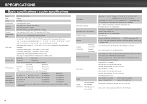 Page 18
18
Basic specifications / copier specifications
NameMX-4112N / MX-5112N
TypeDesktop
ColourFull colour
Copier systemLaser electrostatic copier
Scanning 
resolution
Scan (B/W): 600 × 600 dpi, 600 × 400 dpi
Scan (full colour): 600 × 600 dpi
Print: 600 × 600 dpi, equivalent to 9,600 dpi × 600 dpi
GradationScan: equivalent to 256 levels / Print: equivalent to 256 levels
Original paper 
sizesMax. A3 (11" × 17”) for sheets and bound documents
Copy sizes
A3 wide (12" × 18") to A5R, 5-1/2" ×...