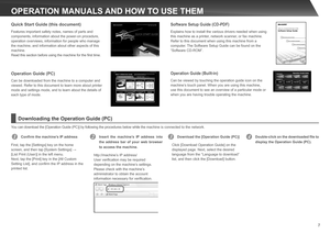 Page 7
7
OPERATION MANUALS AND HOW TO USE THEM
3 Download the [Operation Guide (PC)]
Click [Download Operation Guide] on the 
displayed page. Next, select the desired 
language from the “Language to download” 
list, and then click the [Download] button.
4 Double-click on the downloaded file to 
display the Operation Guide (PC).
2 Insert  the  machine’s  IP  address  into 
the  address  bar  of  your  web  browser 
to access the machine.
http://machine’s IP address/
User verification may be required 
depending...