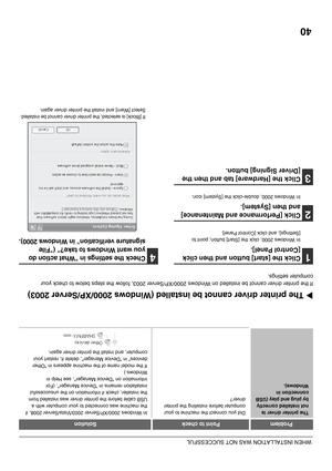 Page 3540
WHEN INSTALLATION WAS NOT SUCCESSFUL
XThe printer driver cannot be installed (Windows 2000/XP/Server 2003)
If the printer driver cannot be installed on Windows 2000/XP/Server 2003, follow the steps below to check your 
computer settings.
1Click the [start] button and then click 
[Control Panel].
In Windows 2000, click the [Start] button, point to 
[Settings], and click [Control Panel].
2Click [Performance and Maintenance] 
and then [System].
In Windows 2000, double-click the [System] icon.
3Click the...