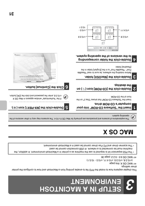 Page 4431
This chapter explains how to install the PPD file to enable printing from a Macintosh and how to configure the printer 
driver settings.
☞MAC OS X: this page 
(v10.2.8, v10.3.9, v10.4.11, v10.5 - 10.5.1)
☞MAC OS 9.0 - 9.2.2: page 36
MAC OS X
1Insert the Software CD-ROM into your 
computers CD-ROM drive.
Insert the Software CD-ROM that shows Disc 2 on the 
front of the CD-ROM.
2Double-click the [CD-ROM] icon ( ) on 
the desktop.
3Double-click the [MacOSX] folder.
Before installing the software, be sure...