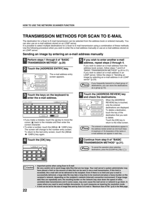 Page 2422
HOW TO USE THE NETWORK SCANNER FUNCTION
TRANSMISSION METHODS FOR SCAN TO E-MAIL
The destination for a Scan to E-mail transmission can be selected from the address book or entered manually. You 
can also use an e-mail address stored on an LDAP server. 
It is possible to select multiple destinations for a Scan to E-mail transmission using a combination of these methods.
Use the following procedure when you wish to enter the e-mail address manually or use an e-mail address stored on 
an LDAP server....
