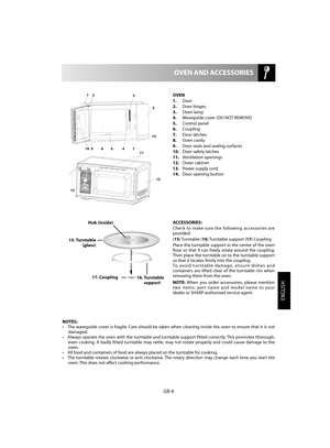 Page 5ENGLISH
GB-4
  OVEN AND ACCESSORIES
OVEN 
1.    Door 
2.  Door hinges 
3.  Oven lamp 
4.    Waveguide cover (DO NOT REMOVE) 
5.    Control panel  
6.  Coupling 
7.  Door latches 
8.    Oven cavity  
9.    Door seals and sealing surfaces 
10.   Door safety latches  
11.  Ventilation openings 
12.  Outer cabinet 
13.   Power supply cord 
14.   Door opening button 
ACCESSORIES: 
Check to make sure the following accessories are  provided: 
( 15) Turntable (16) Turntable support (17) Coupling 
Place the...