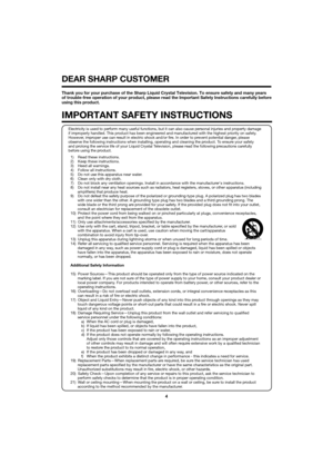 Page 44
Electricity is used to perform many useful functions, but it can also ca\
use personal injuries and property damage 
if improperly handled. This product has been engineered and manufactured with the highest priority on safety. 
However, improper use can result in electric shock and/or ﬁre. In order to prevent potential danger, please 
observe the following instructions when installing, operating and cleani\
ng the product. To ensure your safety 
and prolong the service life of your Liquid Crystal...