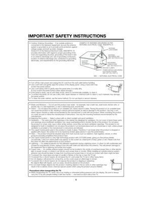 Page 55
IMPORTANT SAFETY INSTRUCTIONS
•  Outdoor Antenna Grounding — If an outside antenna is connected to the television equipment, be sure the antenna 
system is grounded so as to provide some protection against 
voltage surges and built-up static charges.
  Article 810 of the National Electrical Code, ANSI/NFPA 70,  provides information with regard to proper grounding of the 
mast and supporting structure, grounding of the lead-in wire 
to an antenna discharge unit, size of grounding conductors, 
location...