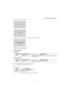 Page 15LC-32LE240M/340M(1stEdition)
4 – 2
6) Let the process running & entering verification.
7) Software is successfully installed when the following appears at the end of the process.
8) Plug off the LCD TV and plug ON again as usual.
9) LCD TV is running with the latest software.
4. EDID DATA INPUT
4.1. HDMI EDID
4.2. ANALOG PC EDID
NOTE: *1  HDMI EDID file name : edid_32LE340_HDMI1_111019.bin
NOTE: *2  PC EDID file name : 32LE340 PC EDID111019.bin
Main Software Package
Main Software File name : XXX is...