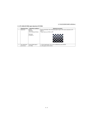 Page 17LC-32LE240M/340M(1stEdition)
4 – 4
5.1.4 PC (ANALOG RGB) signal adjustment (PC-RGB)
Adjustment item Adjustment conditions Adjustment procedure
1 Adjustment [Signal]
XGA 60Hz 
100% Checkered Pattern
 
[Terminal]
PC INPUT 4Feed the XGA 60Hz 100% Checkered pattern signal (100% colour saturation) to PC 
INPUT 4.
*Please make sure SYNC is OFF.
2 Auto adjustment 
performanceProcess Mode page 6
(PC-RGB)1) At the related page, move cursor to [RGB ADJ], press ENTER.
2) [OK] appears when finished. 