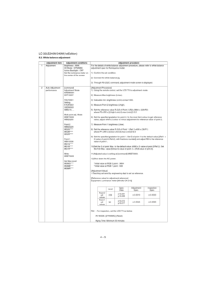 Page 18LC-32LE240M/340M(1stEdition)
4 – 5
5.2. White balance adjustment
Adjustment item Adjustment conditions Adjustment procedure
1 Adjustment Brightness : MAX
AV Mode:  DYNAMIC
Active Backlight : OFF
Set the luminance meter on 
the center of the screenFor the details of white balance adjustment procedure, please refer to white balance 
adjustment spec for Kameyama model.
 
1) Confirm the set condition.
2) Connect the white balance jig.
3) Through RS-232C command, adjustment mode screen is displayed.
2 Auto...