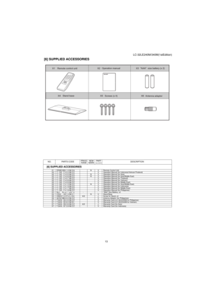 Page 67LC-32LE240M/340M(1stEdition)
13
[6] SUPPLIED ACCESSORIES
NO. PARTS CODEPRICE 
RANKNEW 
MARKPA R T  DELIVERYDESCRIPTION
[6] SUPPLIED ACCESSORIES
X1RRMCGB016WJSA N VRemote Control Unit
X2TiNS-F404WJZZ VOperation Manual (for Indonesia/Vietnam/Thailand)
X2TiNS-F405WJZZ N VOperation Manual (for Asia)
X2TiNS-F406WJZZ N VOperation Manual (for Asia/Middle East)
X2TiNS-F407WJZZ VOperation Manual (for Thailand)
X2TiNS-F408WJZZ VOperation Manual (for Vietnam)
X2TiNS-F409WJZZ VOperation Manual (for Middle East)...