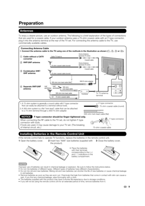 Page 119
Antennas
To enjoy a clearer picture, use an outdoor antenna. The following is a brief explanation of the types of connections 
that are used for a coaxial cable. If your outdoor antenna uses a 75-ohm coaxial cable with an F-type connector, 
plug it into the antenna terminal at the rear of the TV set. For connecting the antenna cable to the TV, use 
commercially available cables.
300-ohm twin-lead cable 75-ohm coaxial cable (round)
75-ohm coaxial cableINOUT
300-ohm
twin-lead cable VHFANTENNAUHF
ANTENNA...